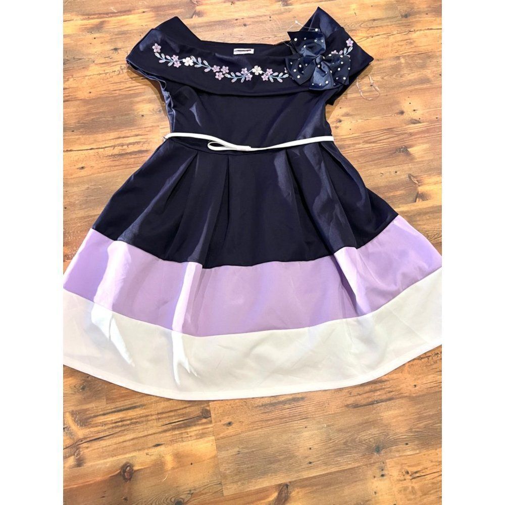 Girls Dress & Matching Bow Knit Works Navy Lavender White‎ with Belt New Without
